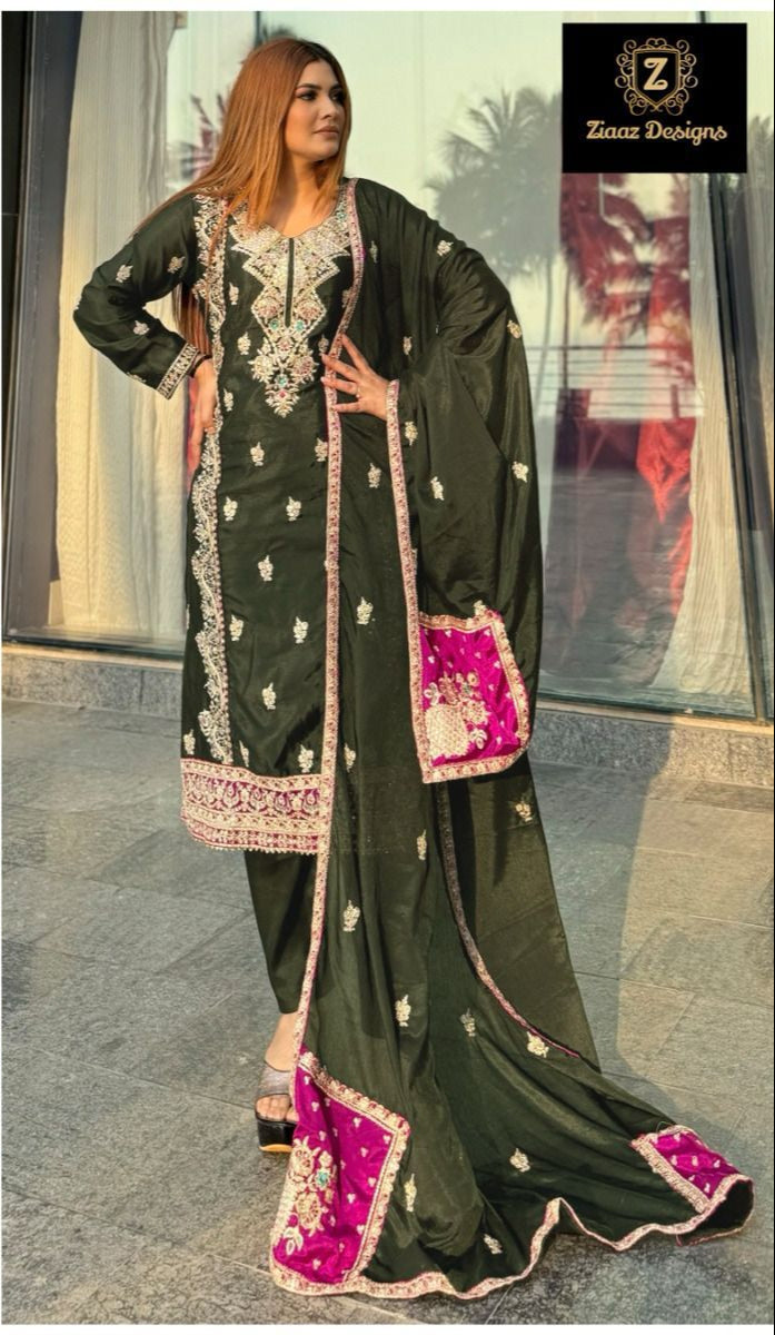 Ziaaz Designs 443 B Chinon Semi Stitched Very Heavy Embroiderd Worked Pakistani Suit