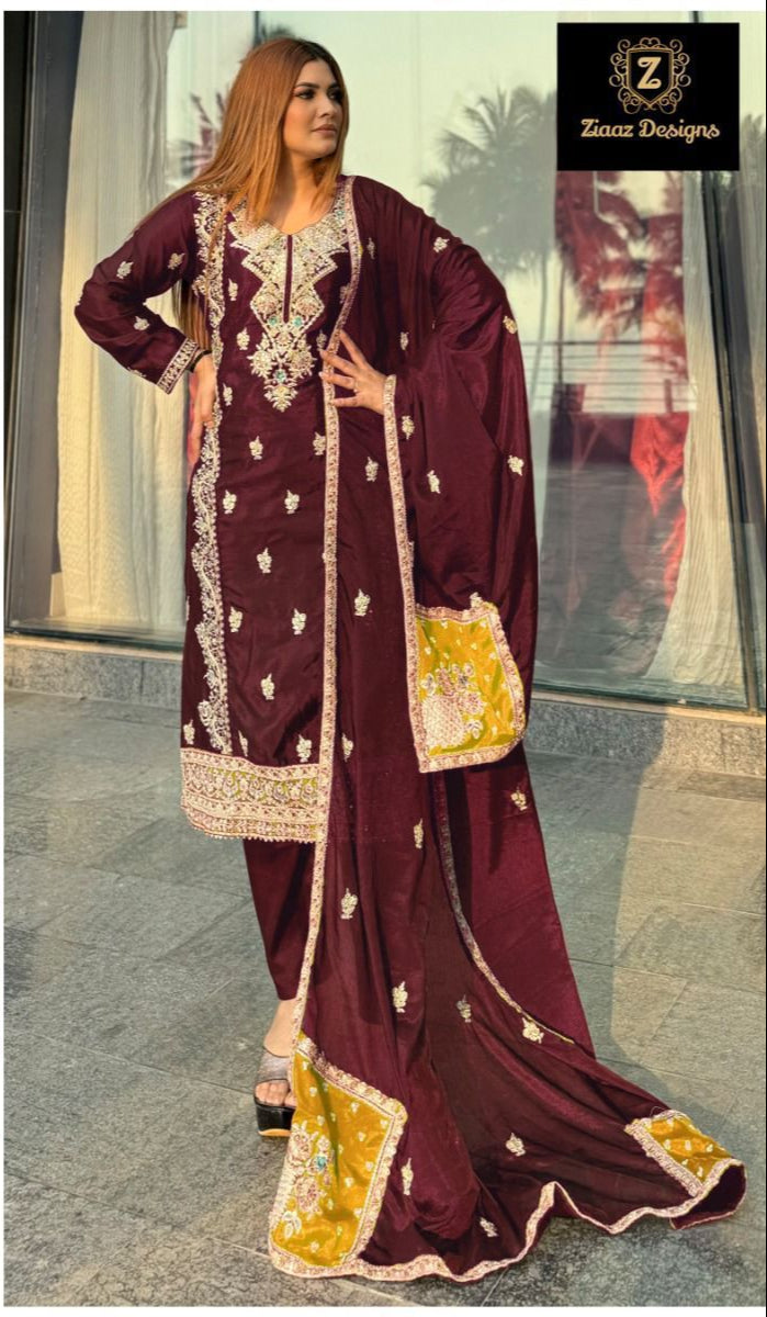 Ziaaz Designs 443 C Chinon Semi Stitched Very Heavy Embroiderd Worked Pakistani Suit