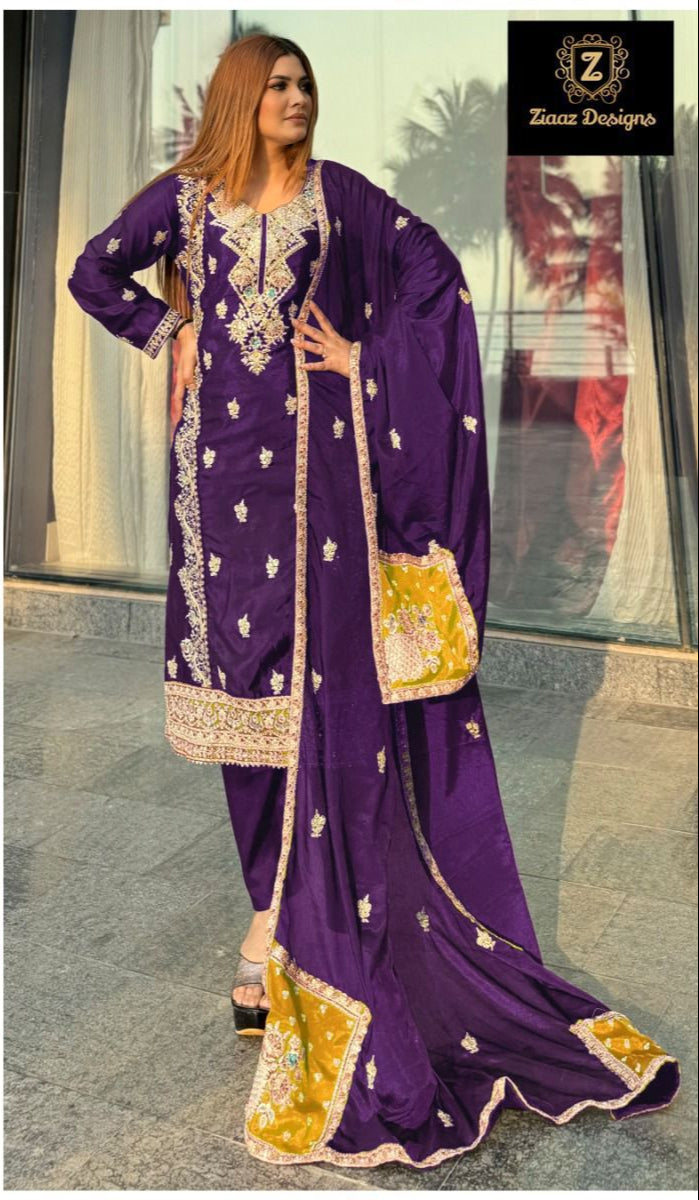 Ziaaz Designs 443 D Chinon Semi Stitched Very Heavy Embroiderd Worked Pakistani Suit