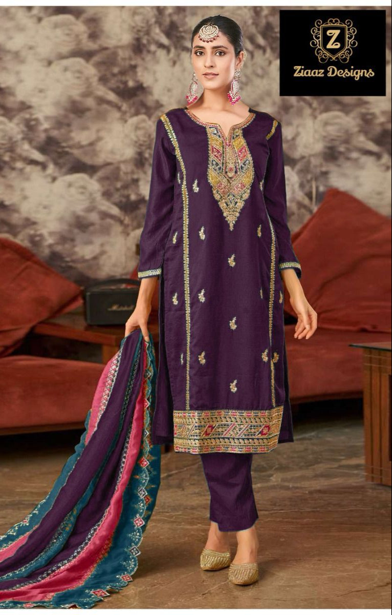 Ziaaz Designs 458 D Chinon Semi Stitched Emboriderd Worked Pakistani Suits