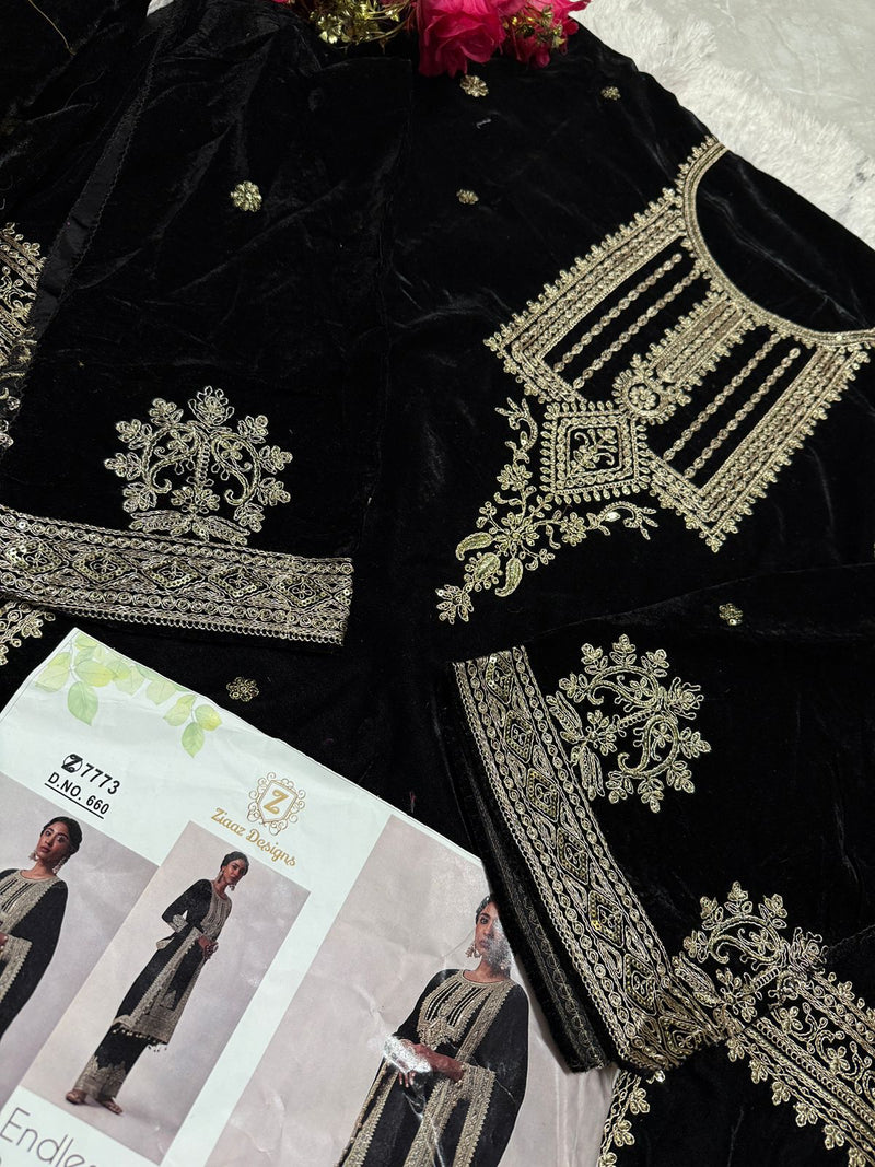 Ziaaz Designs code 660 Velvet Semi stitched outfit with beautiful embroidery worked pakistani suits