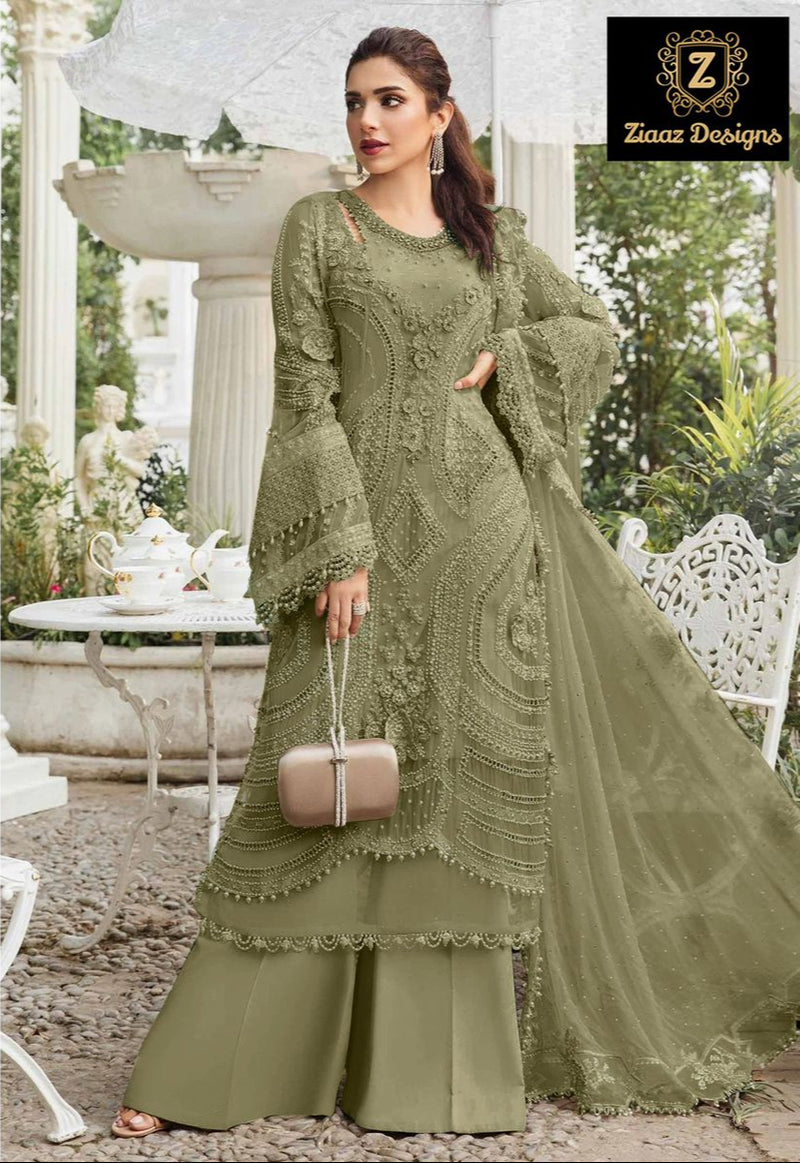 Ziaaz Designs 736 E Organza Handwork Moti Work Semi Stitched Outfit With Moti Lace Pakistani Suits