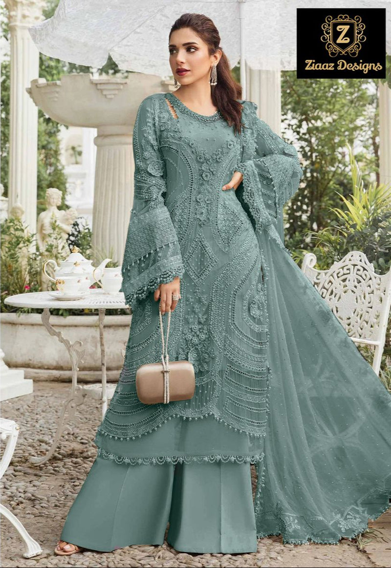 Ziaaz Designs 736 C Organza Handwork Moti Work Semi Stitched Outfit With Moti Lace Pakistani Suits