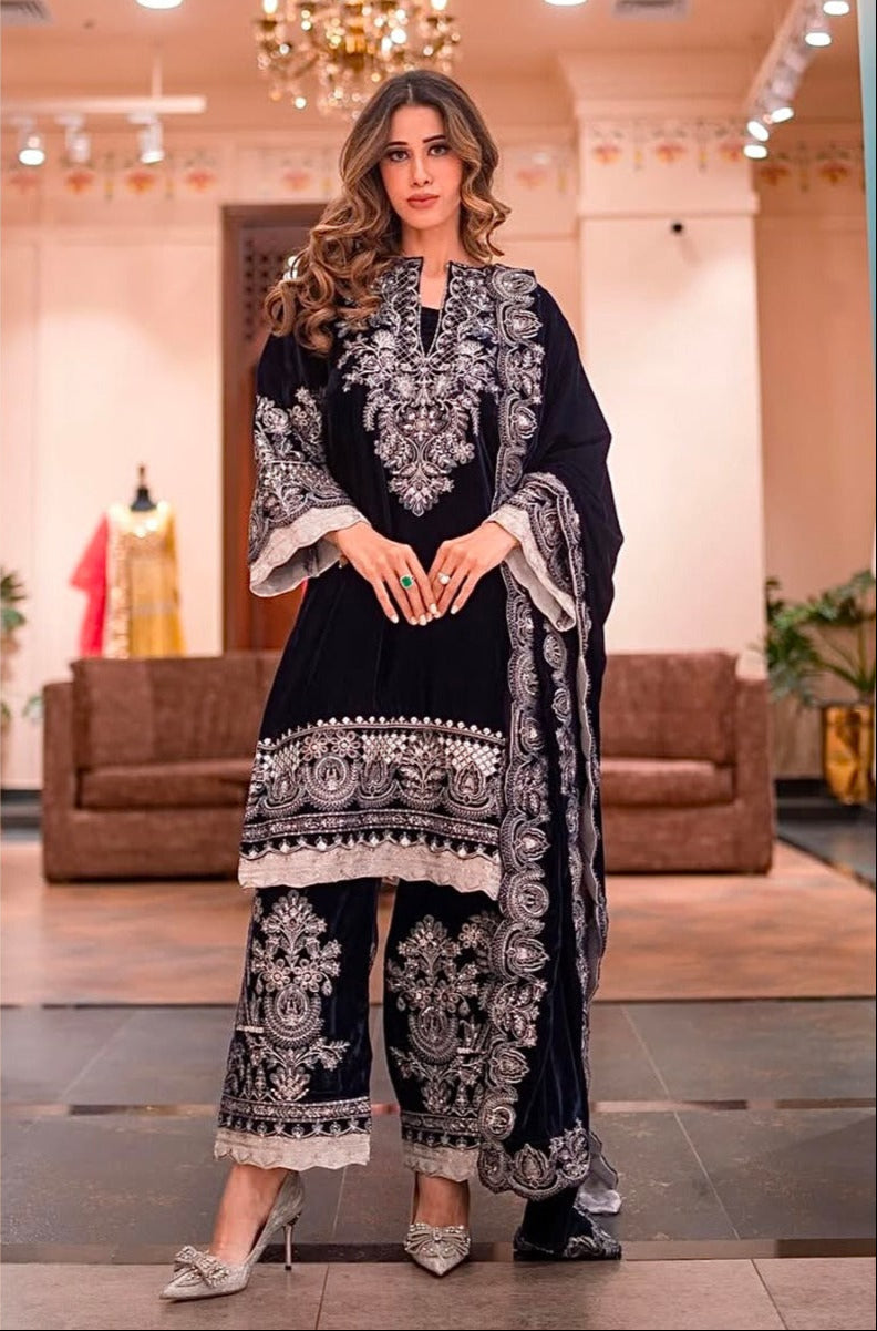 Anamsa 593 With Velvet Heavy Embroidered Beautiful Design Sequence Worked Pakistani Suits