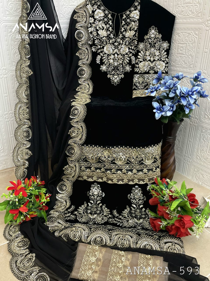 Anamsa 593 With Velvet Heavy Embroidered Beautiful Design Sequence Worked Pakistani Suits