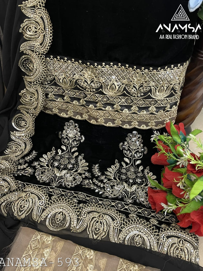 Anamsa 593 With Velvet Heavy Embroidered Beautiful Design Sequence Worked Pakistani Suits