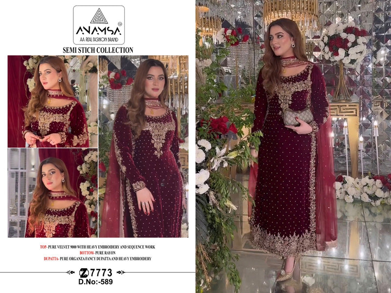 Anamsa 589 Velvet Heavy Embroidered Beautiful Design Sequence An Moti Work Pakistani Suits