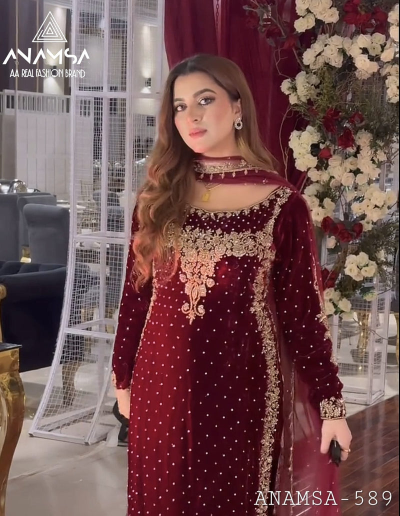 Anamsa 589 Velvet Heavy Embroidered Beautiful Design Sequence An Moti Work Pakistani Suits