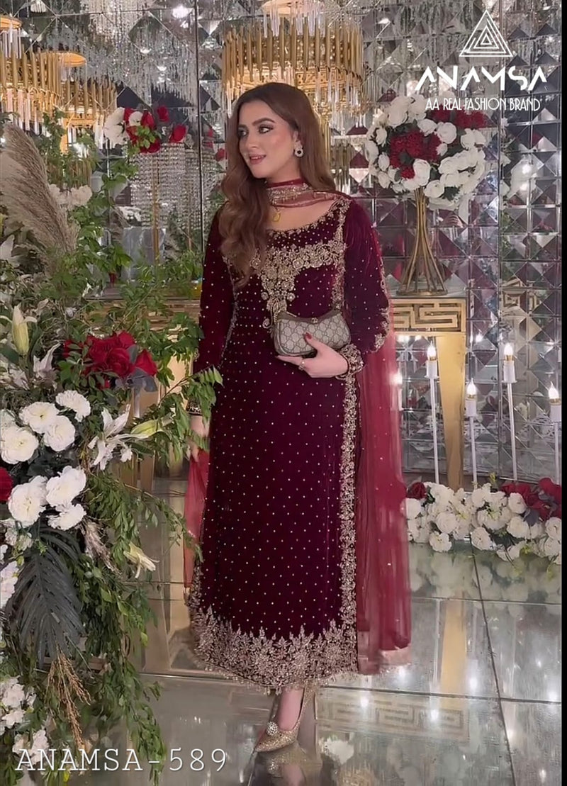 Anamsa 589 Velvet Heavy Embroidered Beautiful Design Sequence An Moti Work Pakistani Suits