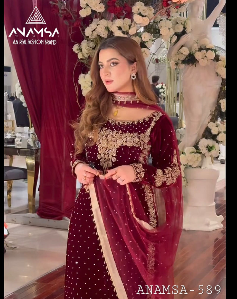 Anamsa 589 Velvet Heavy Embroidered Beautiful Design Sequence An Moti Work Pakistani Suits