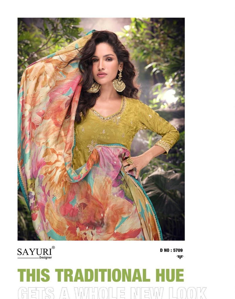 Sayuri Designer 5709 Sehenaaz Premium Real Chinon Silk Embroidered Suits