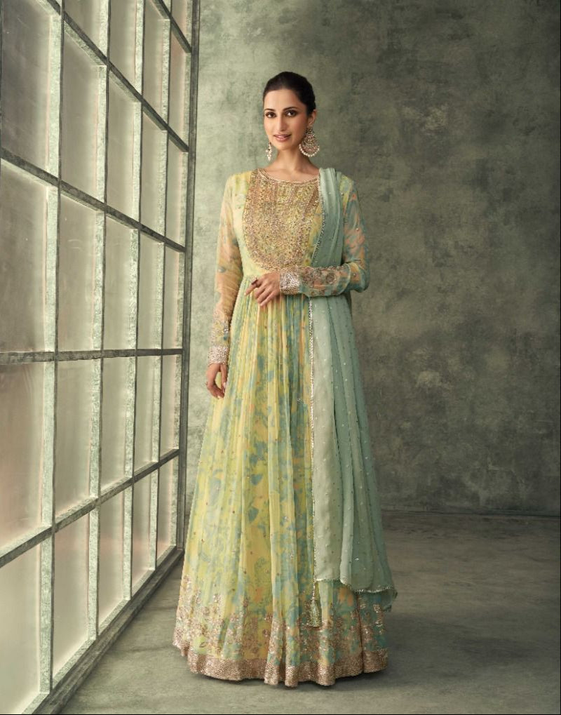 Sayuri Designer Evergreen 5251 Real Georogette Chinon Silk  Front And Back Embroidered With Cancan Suits