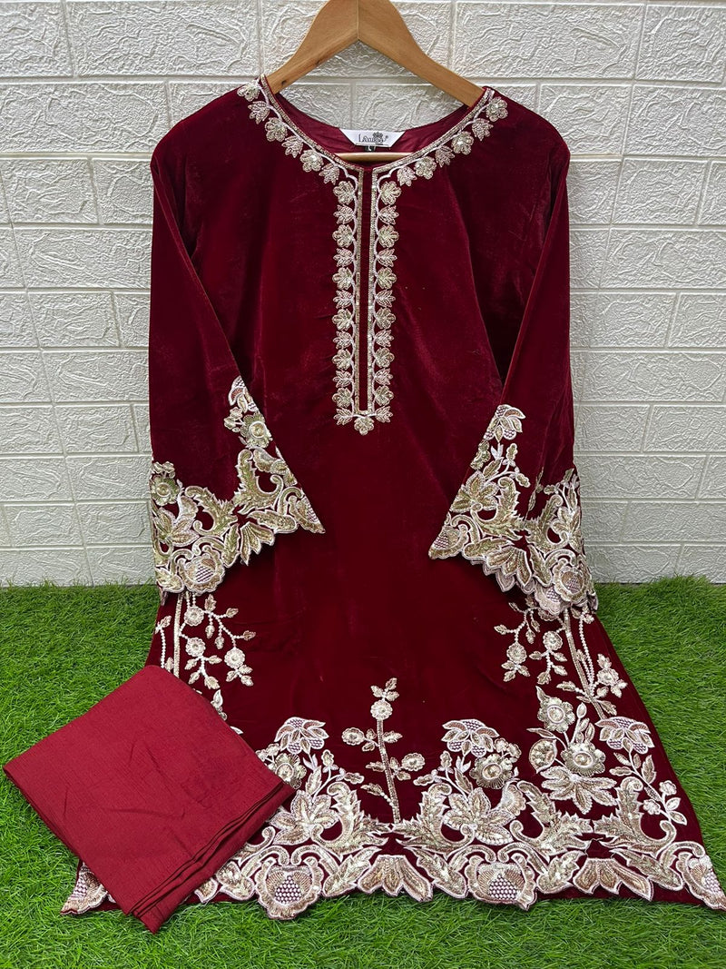 Laxuria Trendz 1484 Designer Embroidery Velvet Tunic Neck Pattern Pakistani Pret Kurti