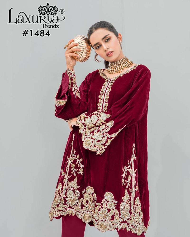 Laxuria Trendz 1484 Designer Embroidery Velvet Tunic Neck Pattern Pakistani Pret Kurti