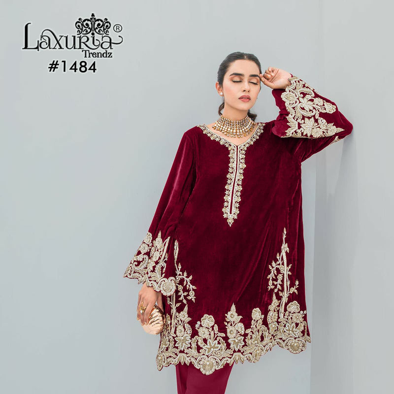 Laxuria Trendz 1484 Designer Embroidery Velvet Tunic Neck Pattern Pakistani Pret Kurti