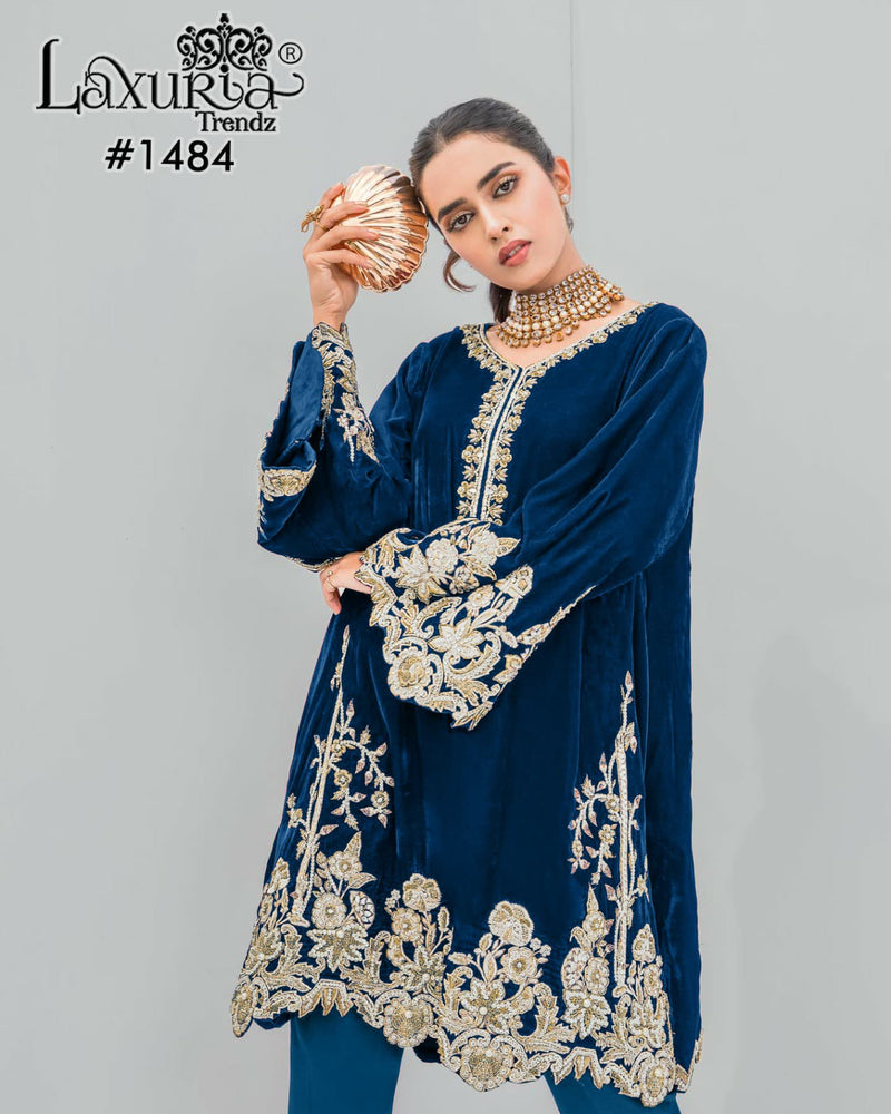 Laxuria Trendz 1484 B Designer Embroidery Velvet Tunic Neck Pattern Pakistani Pret Kurti