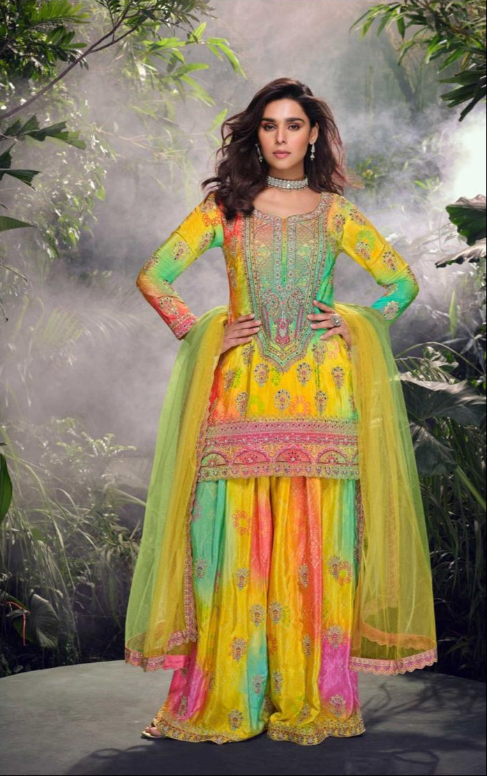 Sayuri Carnival 5723 Premium Real Chinon Silk Yellow Color Sharara Suits