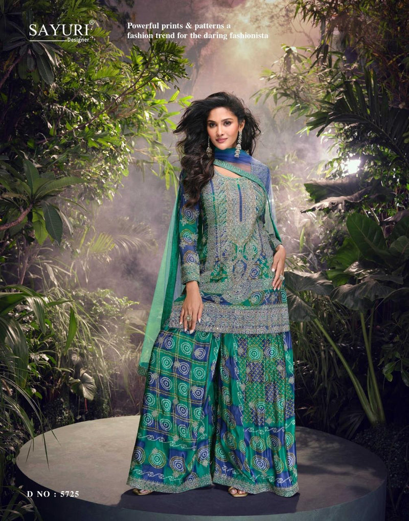 Sayuri Carnival 5725 Premium Real Chinon Silk Peacock Color Sharara Suits