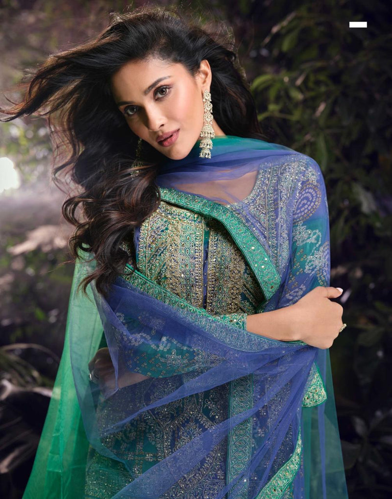 Sayuri Carnival 5725 Premium Real Chinon Silk Peacock Color Sharara Suits