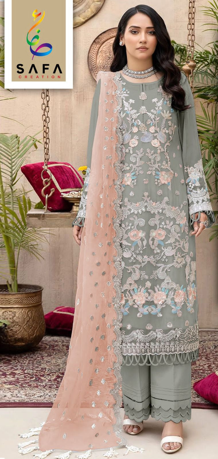 Safa Sf 920 G Georgette With Designer Embroidery And Zarkhan Diamond Work Pakistani Suits