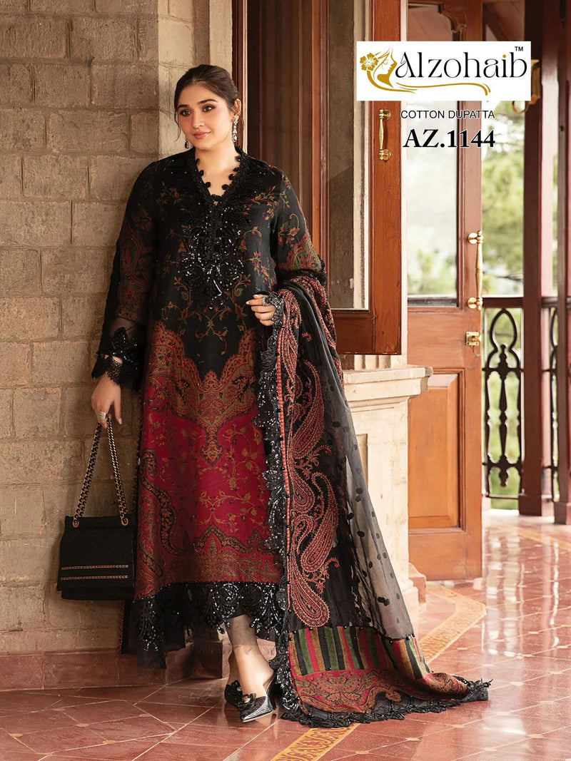 Alzohaib Az 1144 Pure Cotton Print With Heavy Embrodairy Patches Worked Pakistani Suits