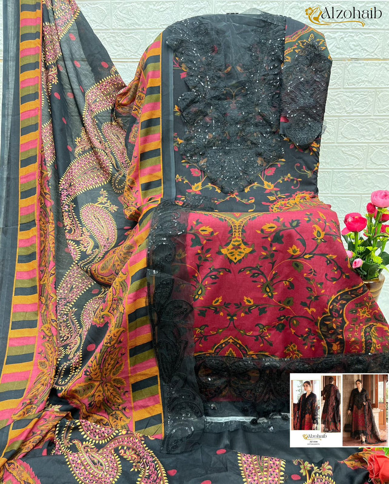 Alzohaib Az 1144 Pure Cotton Print With Heavy Embrodairy Patches Worked Pakistani Suits