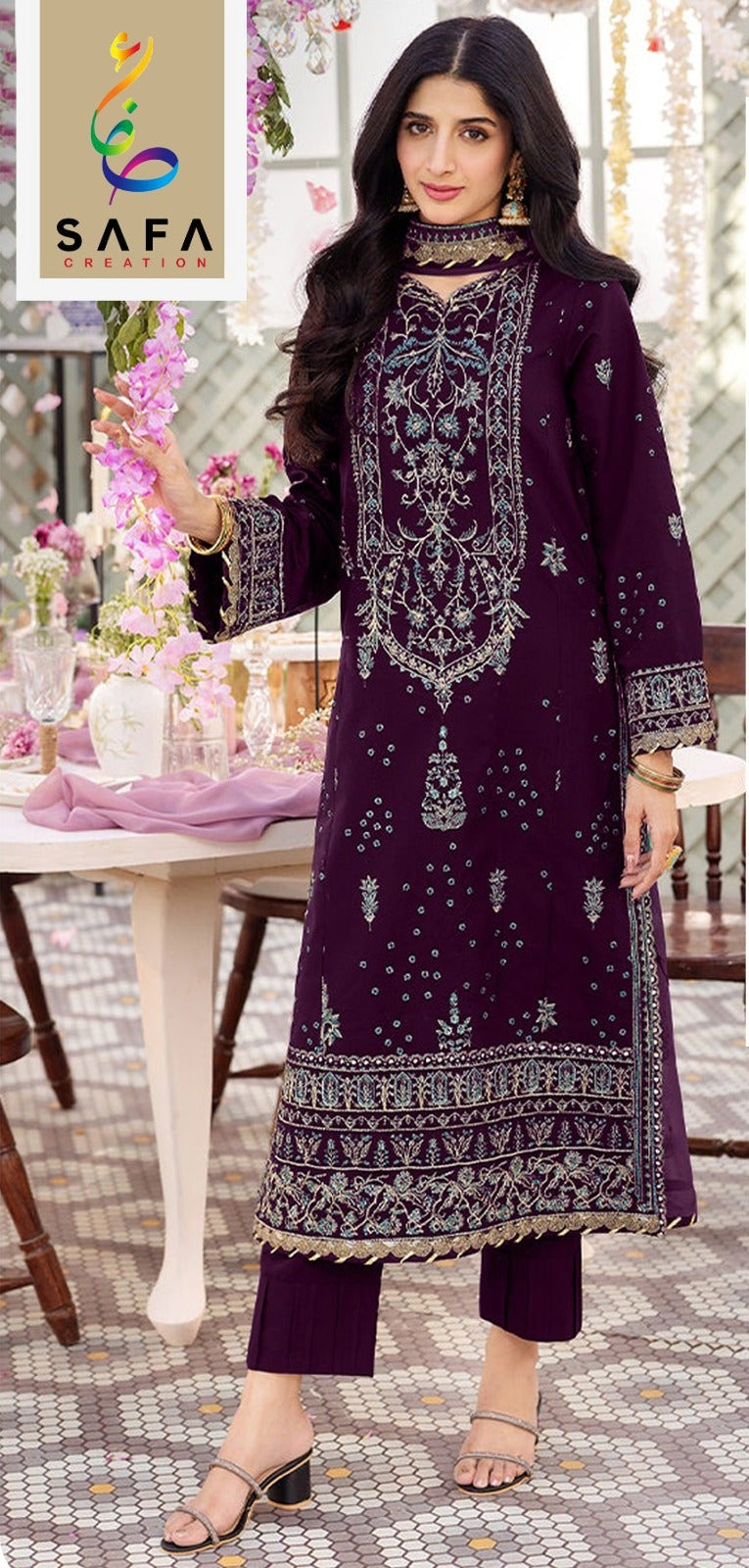 Safa Creation 919 A Premium Georgette With Embroidery Latkan And Back Side Work Pakistani Suits