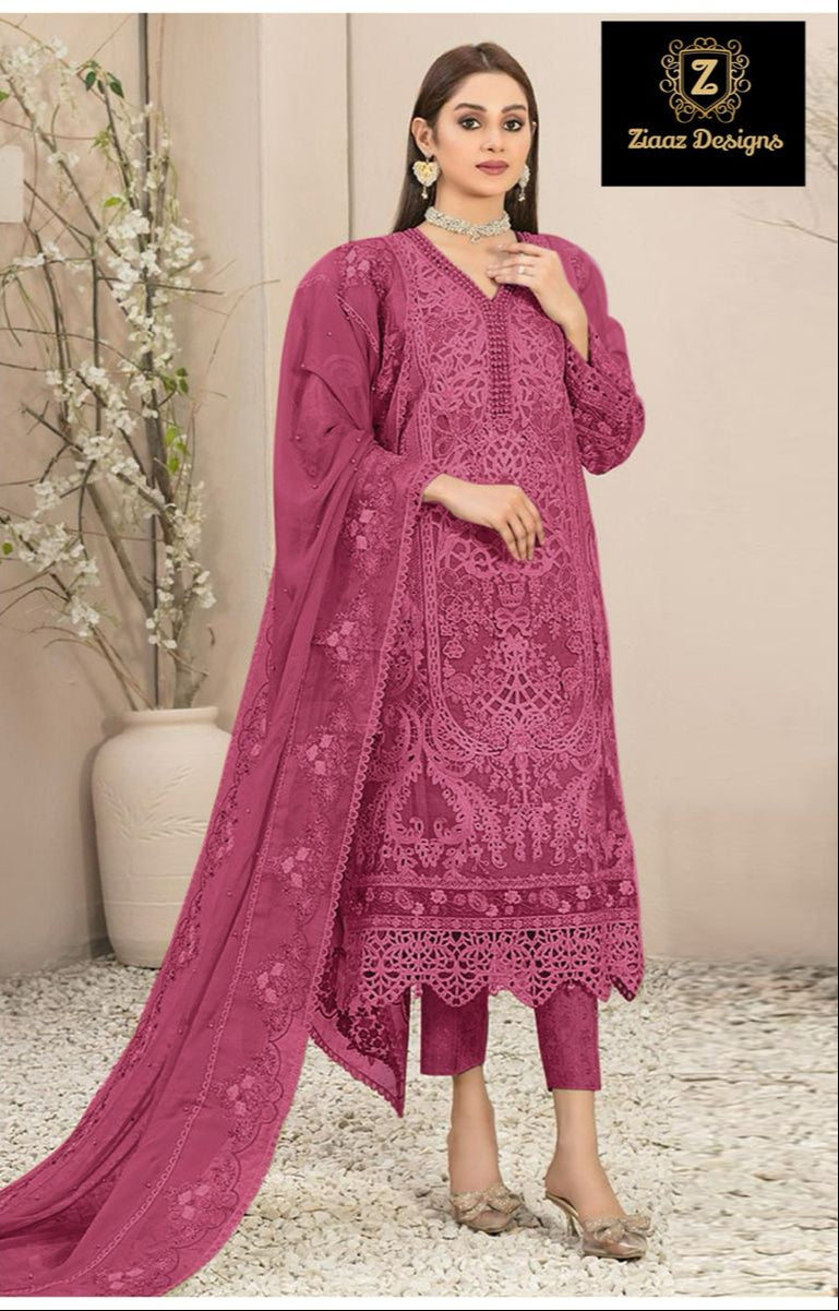 Ziaaz Code 740 D Organza Handwork Moti Work Cutwork Semi Stitched Pakistani Suits