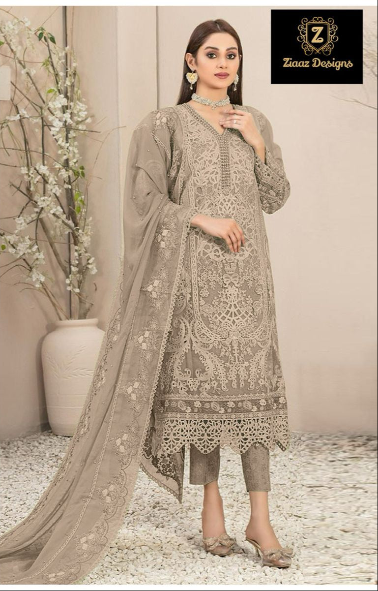 Ziaaz Code 740 A Organza Handwork Moti Work Cutwork Semi Stitched Pakistani Suits