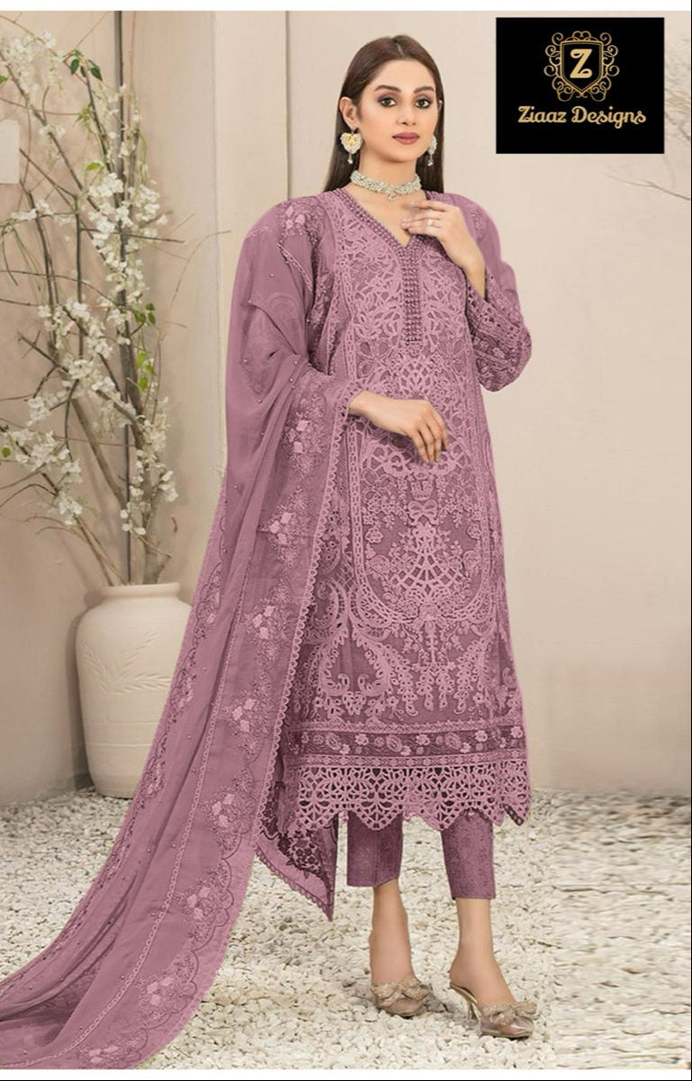 Ziaaz Code 740 C Organza Handwork Moti Work Cutwork Semi Stitched Pakistani Suits