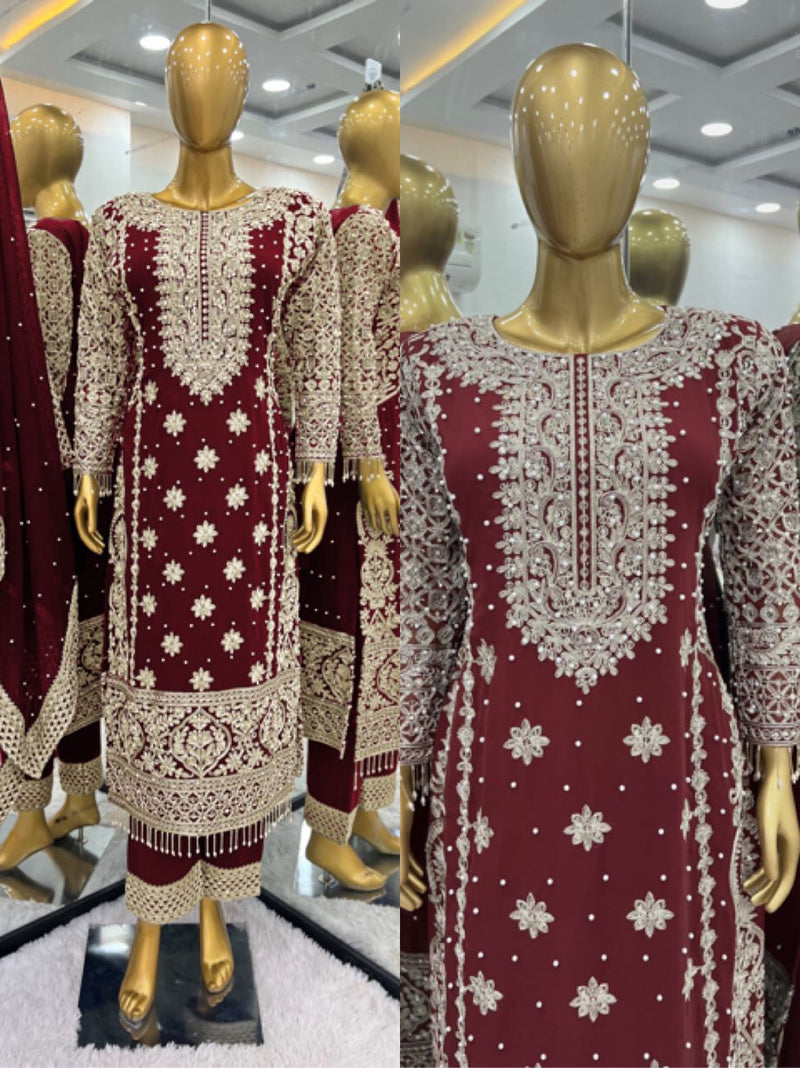 SR 1654 Faux Georgette Heavy Embroidery Sequence Work Full Sleeve Revet Moti Work Pakistani Suits