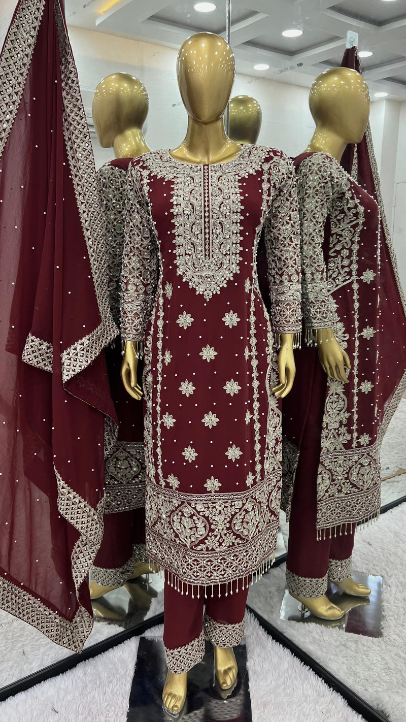 SR 1654 Faux Georgette Heavy Embroidery Sequence Work Full Sleeve Revet Moti Work Pakistani Suits