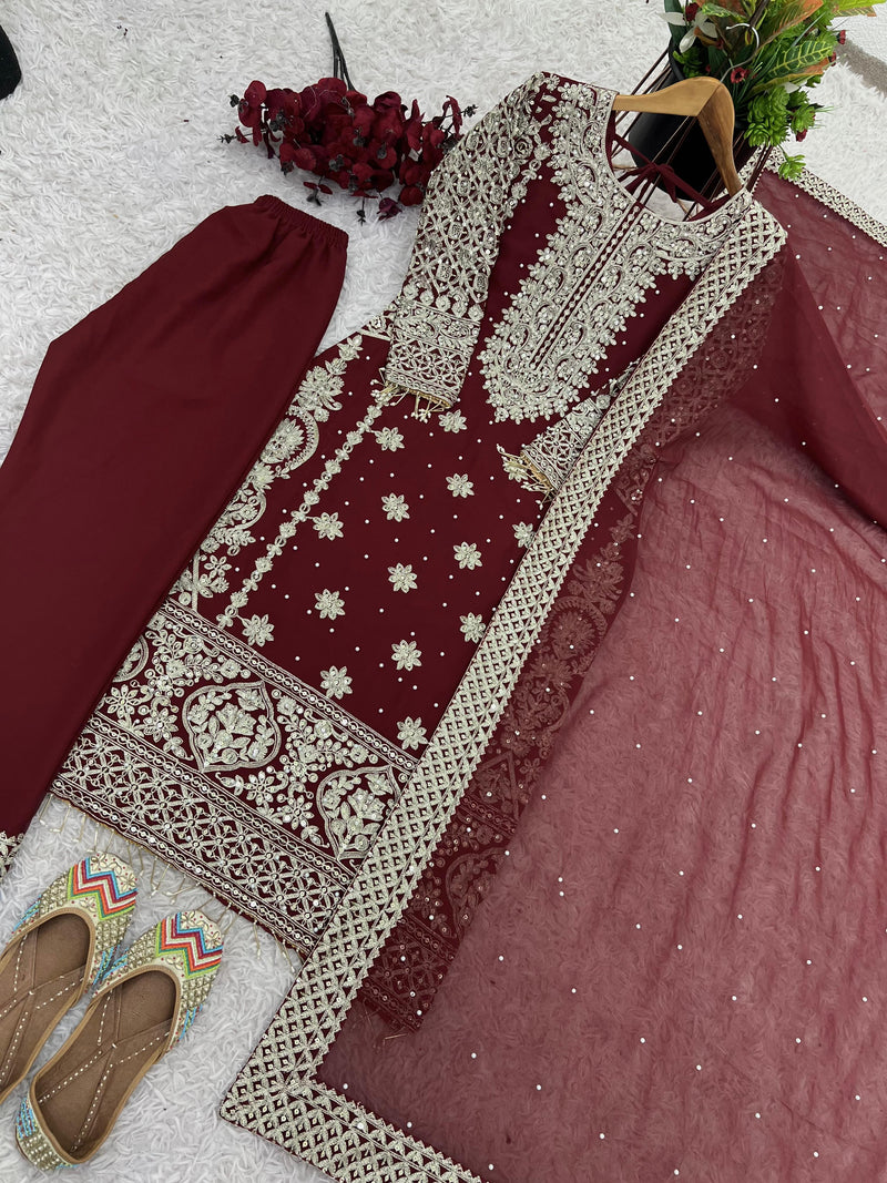 SR 1654 Faux Georgette Heavy Embroidery Sequence Work Full Sleeve Revet Moti Work Pakistani Suits