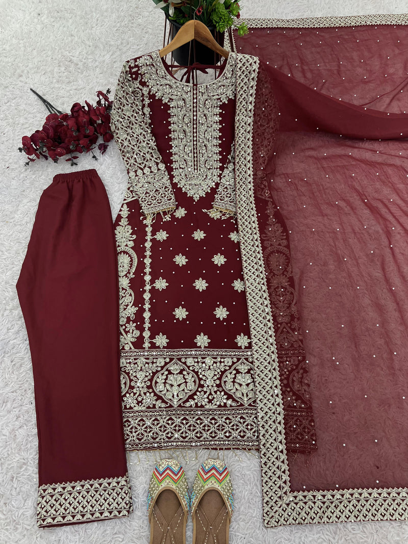 SR 1654 Faux Georgette Heavy Embroidery Sequence Work Full Sleeve Revet Moti Work Pakistani Suits