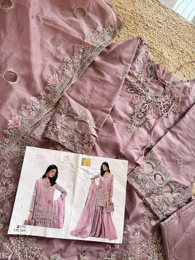 Ziaaz Designs 745 A Organza Handwork Moti Work Cutwork Semi Stitched Pakistani Outfit