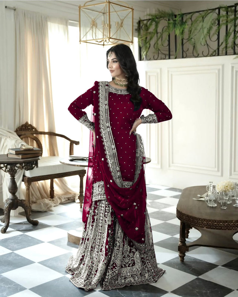 SSR 502 Embroidery Sequence Work Top Gharara And Dupatta With Rivet Moti Work Pakistani Suits