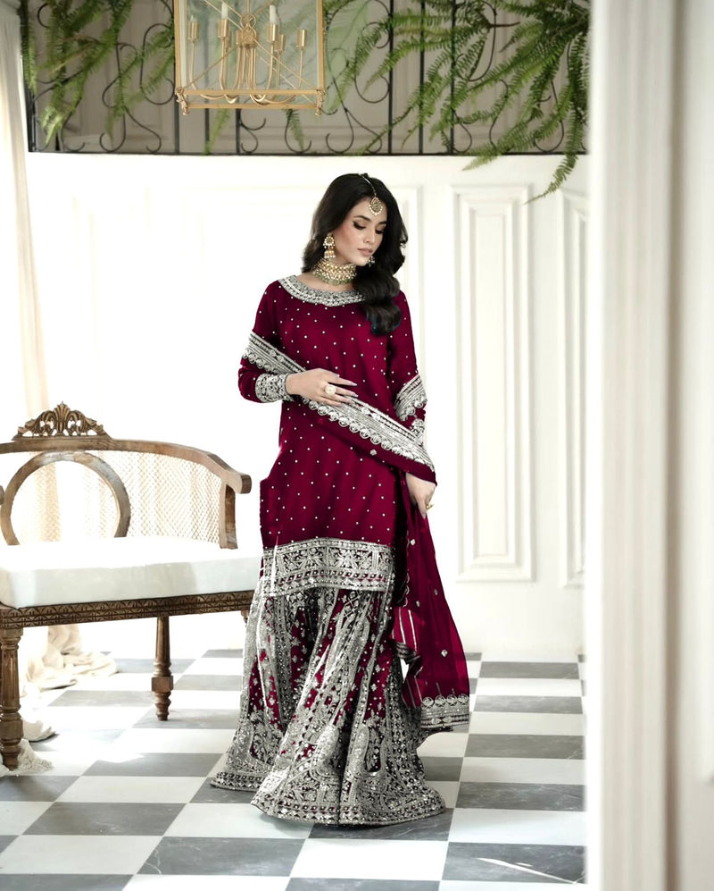 SSR 502 Embroidery Sequence Work Top Gharara And Dupatta With Rivet Moti Work Pakistani Suits