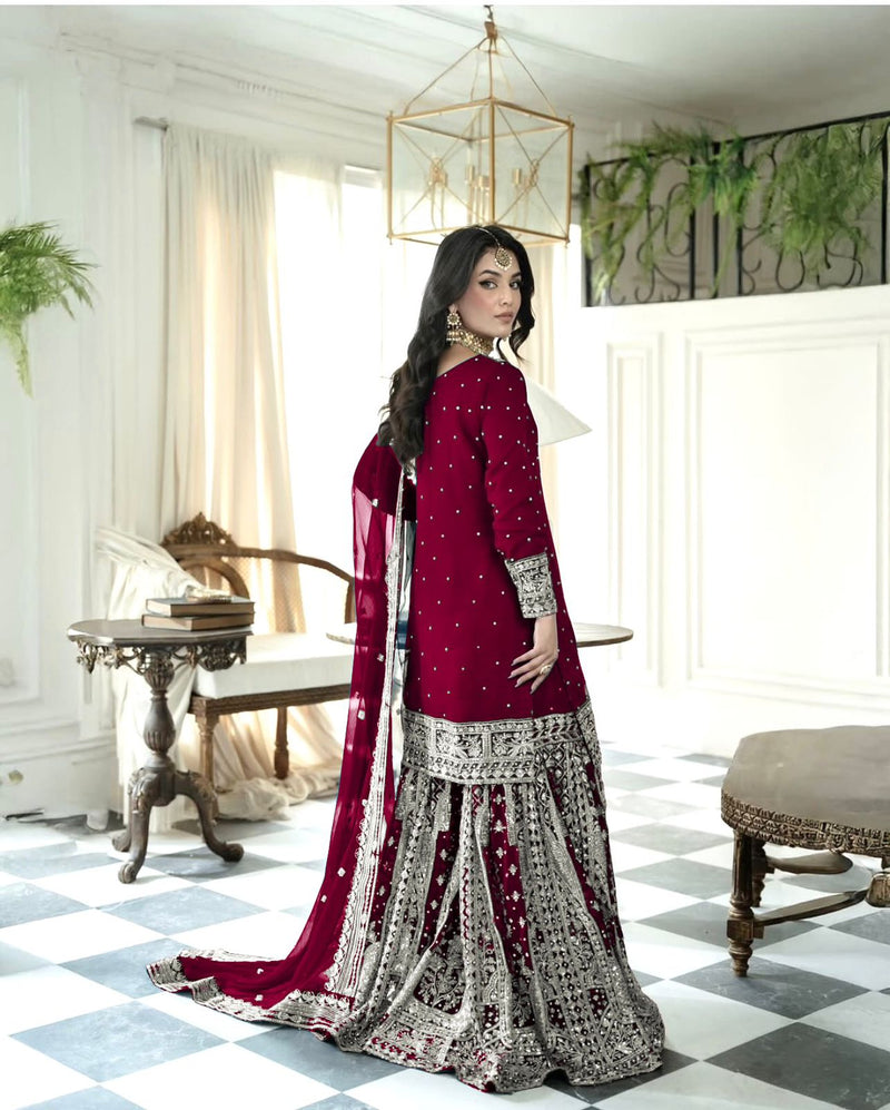 SSR 502 Embroidery Sequence Work Top Gharara And Dupatta With Rivet Moti Work Pakistani Suits