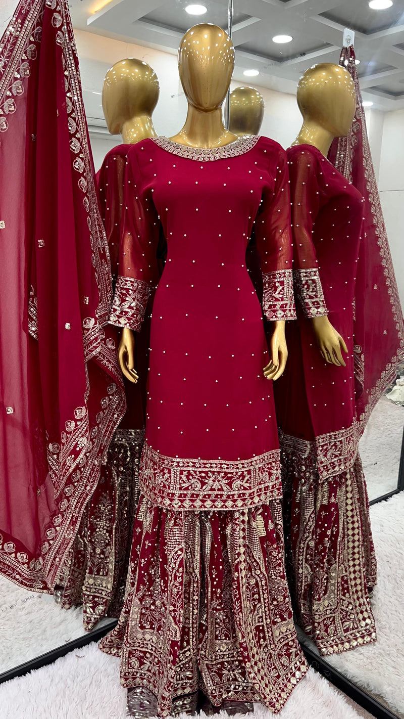 SSR 502 Embroidery Sequence Work Top Gharara And Dupatta With Rivet Moti Work Pakistani Suits