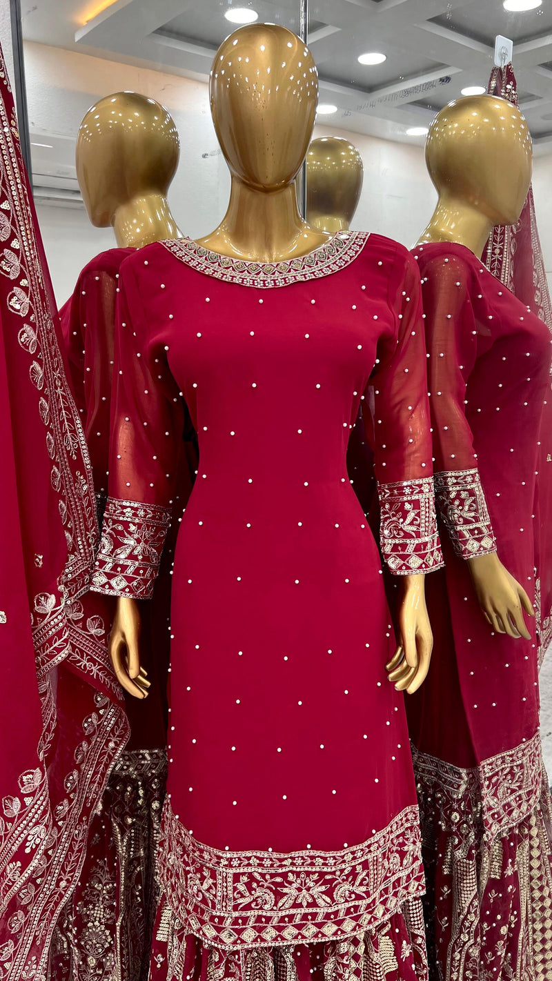 SSR 502 Embroidery Sequence Work Top Gharara And Dupatta With Rivet Moti Work Pakistani Suits