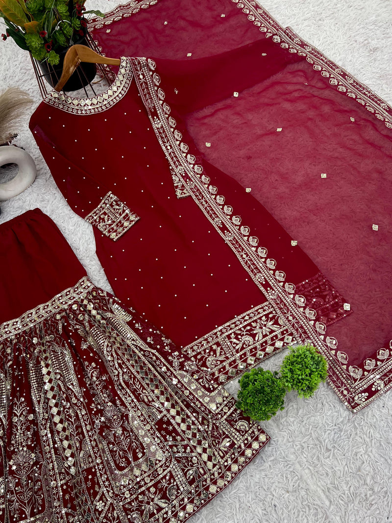 SSR 502 Embroidery Sequence Work Top Gharara And Dupatta With Rivet Moti Work Pakistani Suits