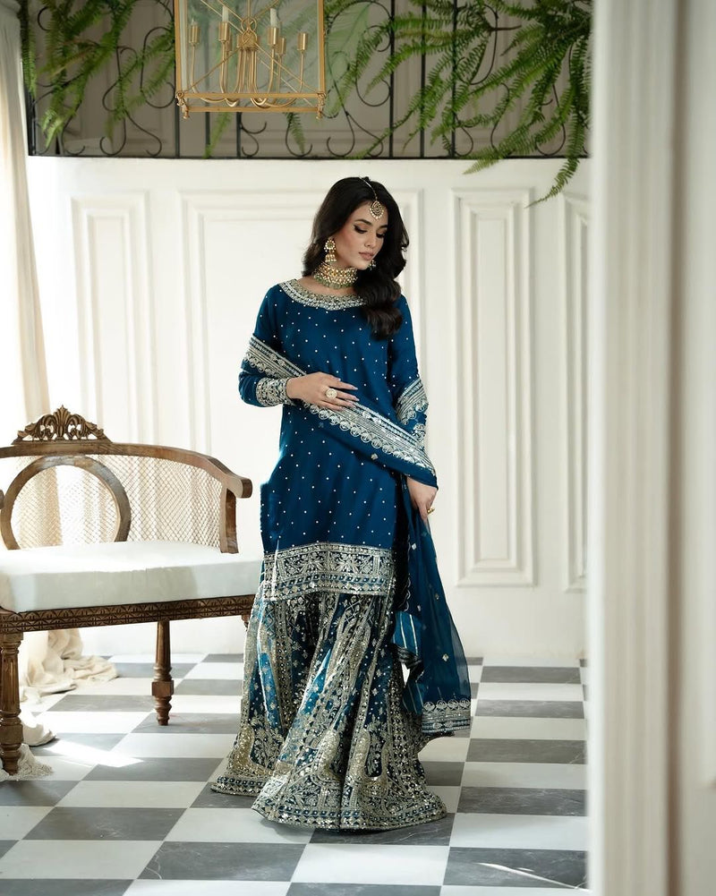 SSR 502 Embroidery Sequence Work Top Gharara And Dupatta With Rivet Moti Work Pakistani Suits