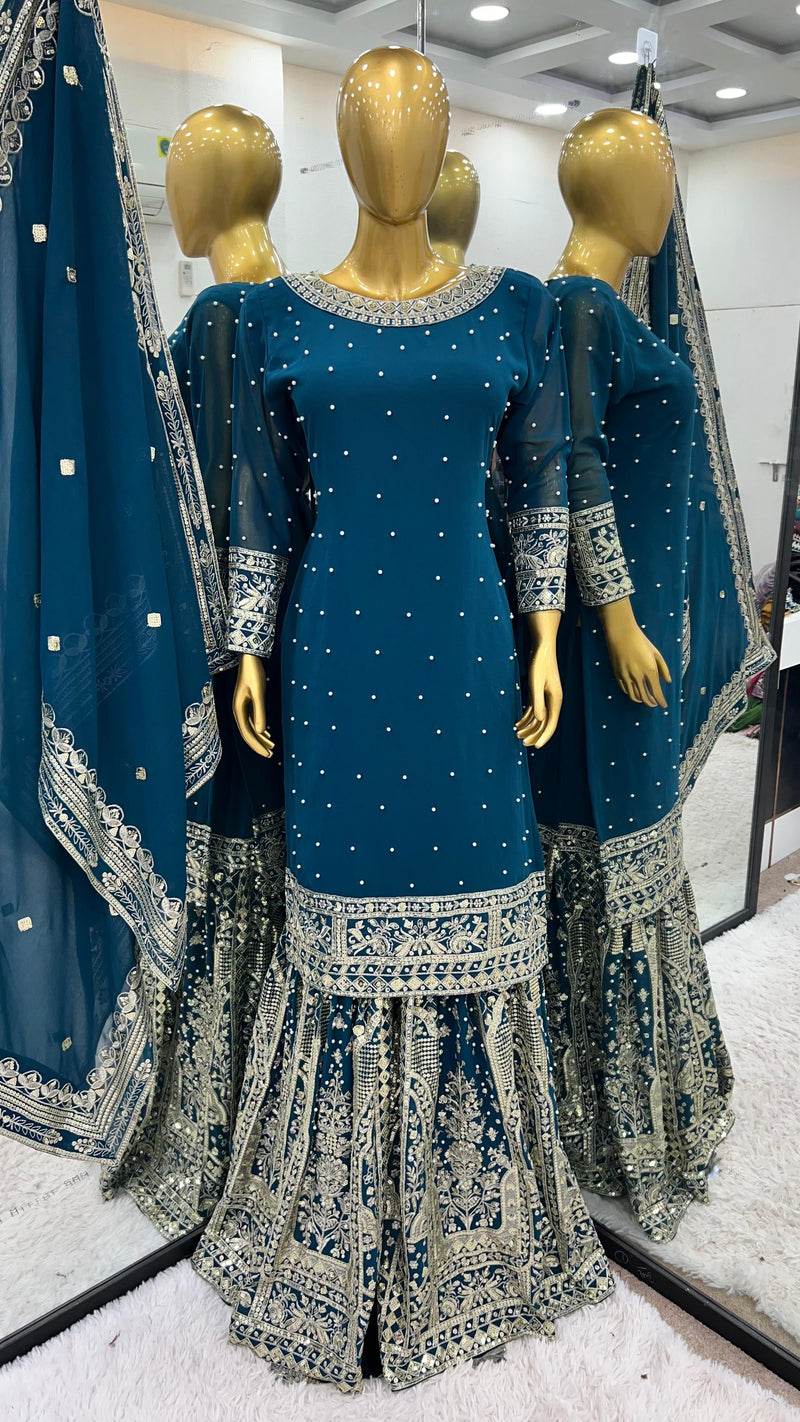 SSR 502 Embroidery Sequence Work Top Gharara And Dupatta With Rivet Moti Work Pakistani Suits