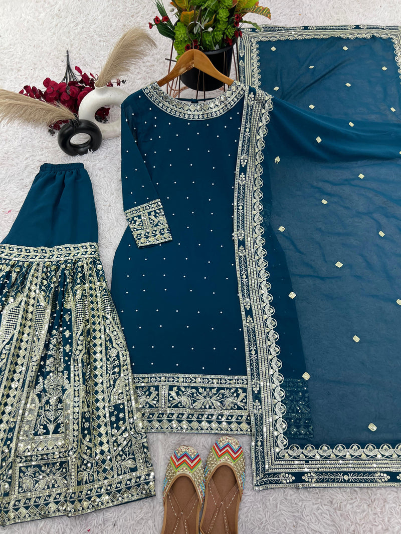 SSR 502 Embroidery Sequence Work Top Gharara And Dupatta With Rivet Moti Work Pakistani Suits