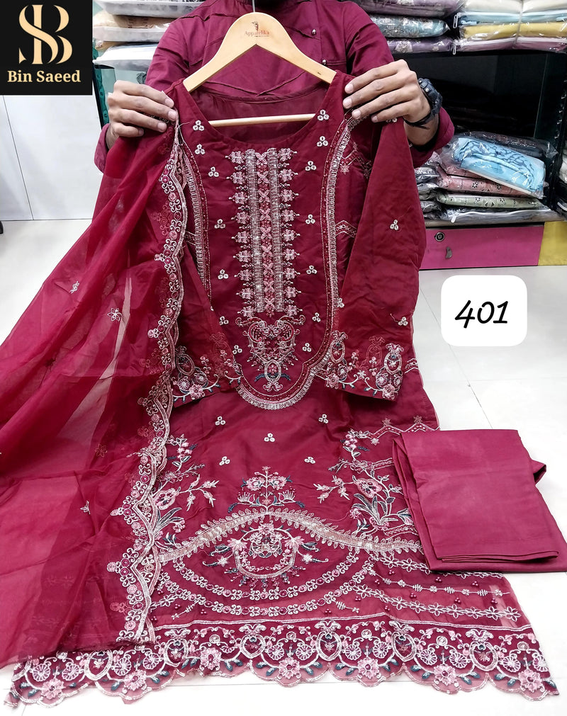 Bin Saeed 401 Readymade Orgenza Emboridery Worked Pakistani Suits