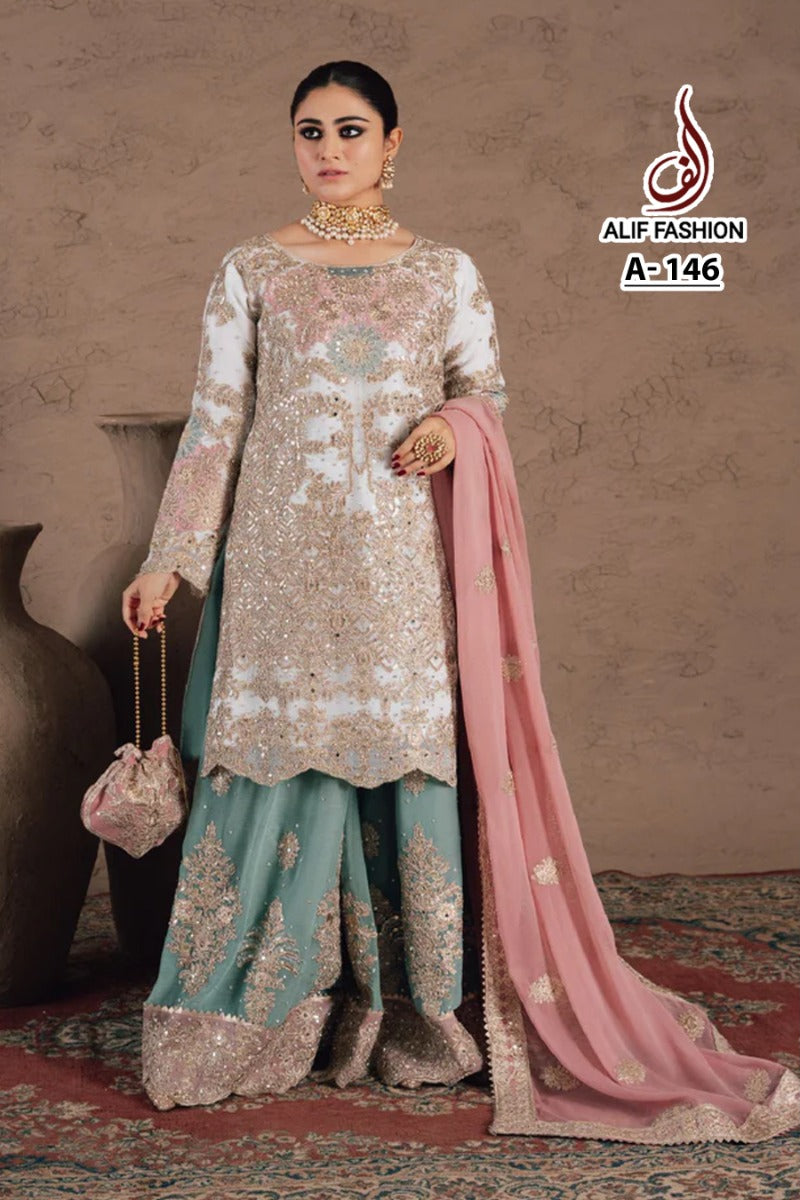 Alif A 146 Fox Georgette With Heavy Embroidery Sequence Work With Diamond Work