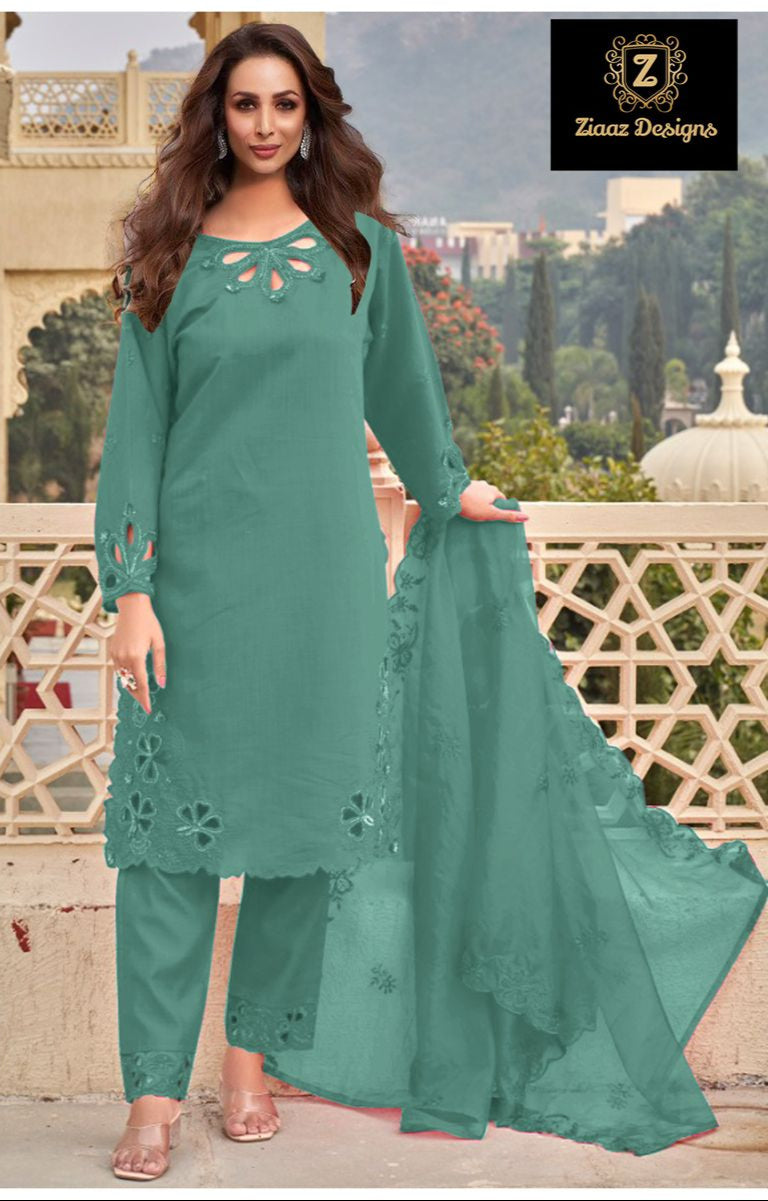 Ziaaz Designs Code 739 Organza Handwork Moti Work Cutwork Semi Stitched Outfit Pakistani Suits