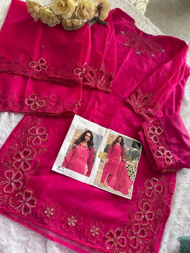 Ziaaz Designs Code 739 Organza Handwork Moti Work Cutwork Semi Stitched Outfit Pakistani Suits