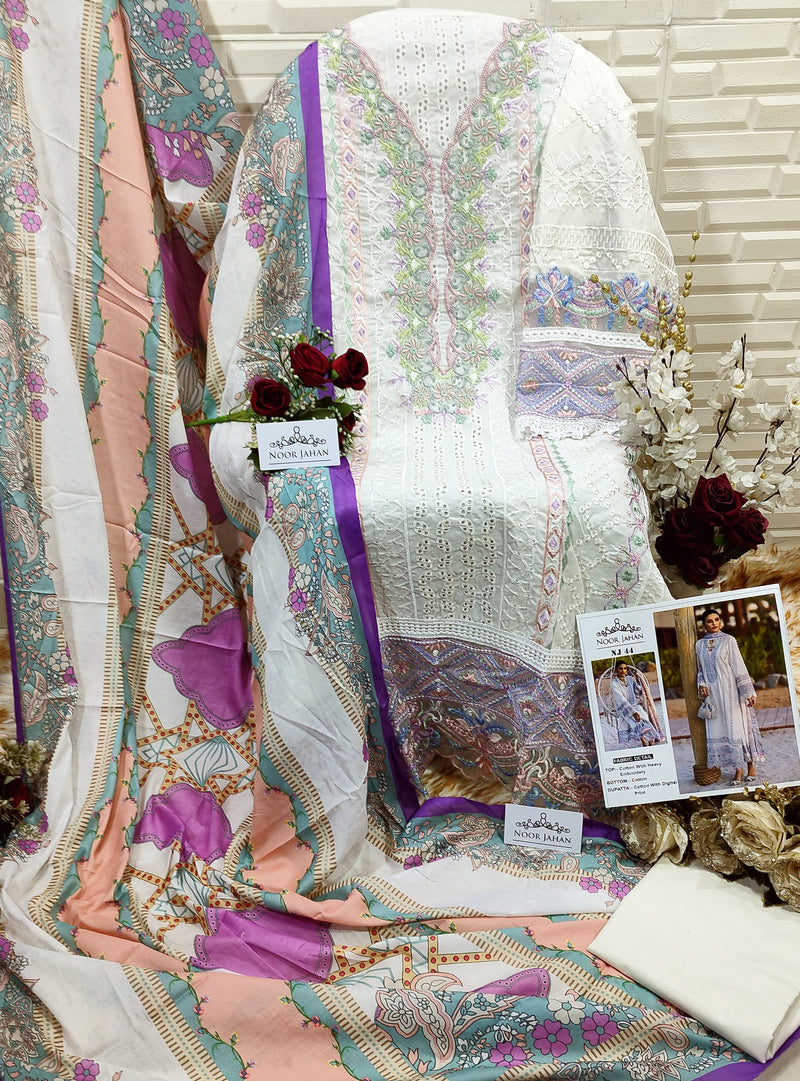 Noor Jahan NJ 44 Heavy Cotton Fabric With Heavy Embroidery Worked Pakistani Suits