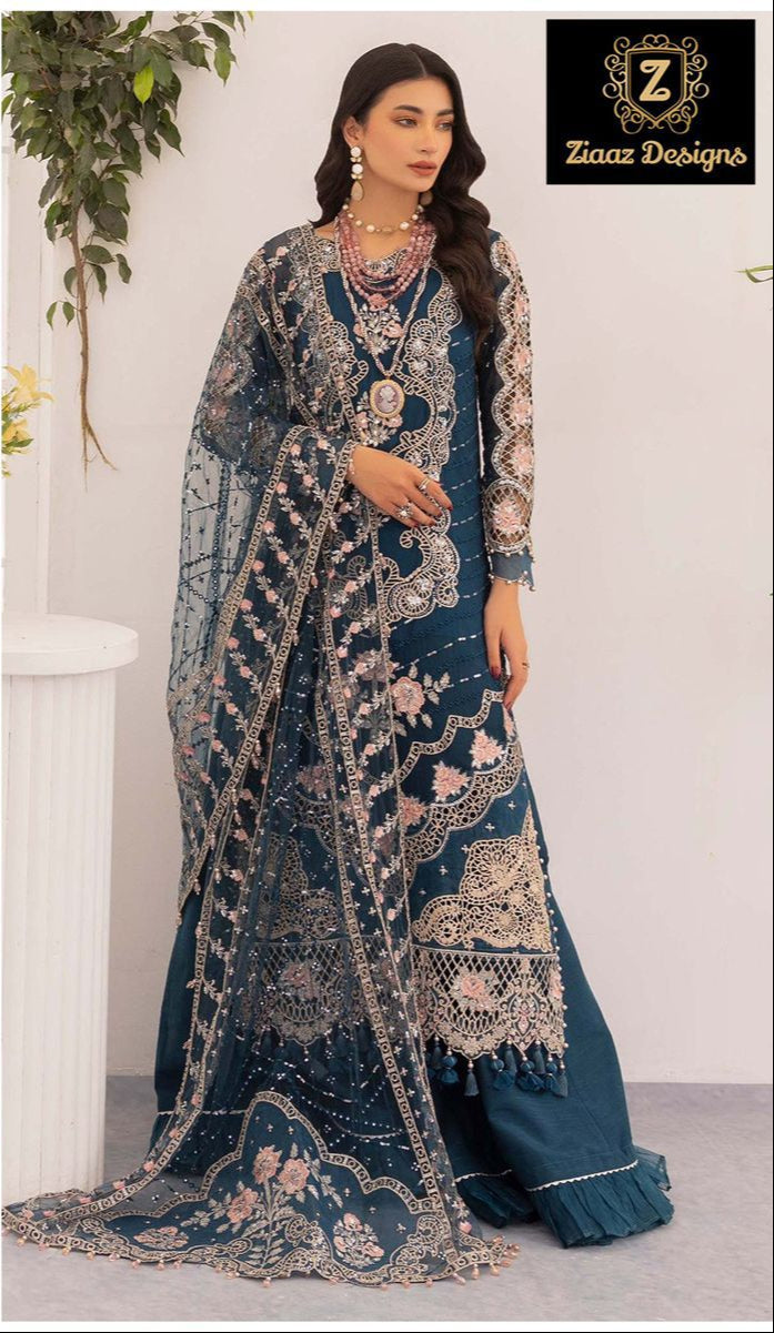 Ziaaz Designs Code 683 Geogette Embroidered Moti Work Semi Stitched Pakistani Outfit